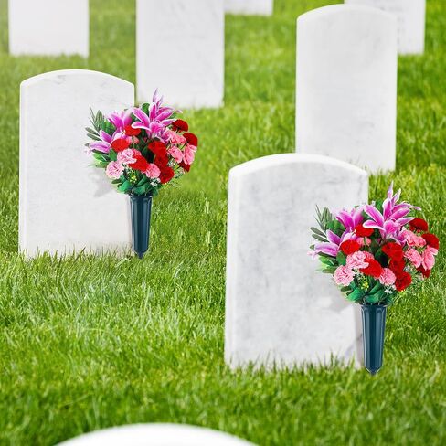 Riceshoot Set of 2 Cemetery Flowers with Vase Artificial Flowers Bouquet for Grave Tombstone Carnation Lily Memorial Flowers Arrangement for Cemetery Headstones Graveyard Decoration (Purple Lily) in Saudi Arabia
