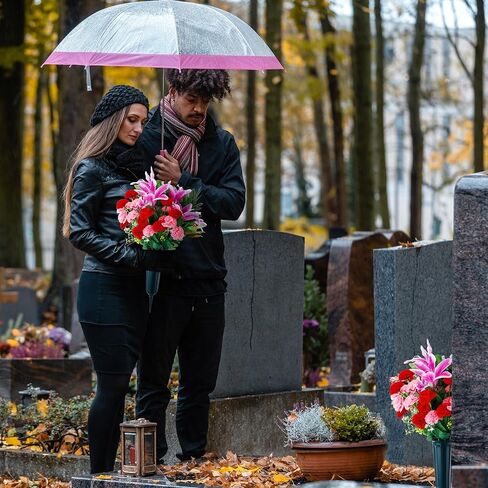 Riceshoot Set of 2 Cemetery Flowers with Vase Artificial Flowers Bouquet for Grave Tombstone Carnation Lily Memorial Flowers Arrangement for Cemetery Headstones Graveyard Decoration (Purple Lily) in Saudi Arabia