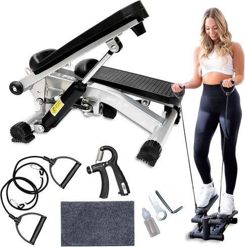 Mini Stepper with Resistance Bands & Wrist Strengthener - Portable Stair Climber for Home & Office Provides Smooth, Quiet Full Body Workout - Comes with Floor-Protecting Mat - Black or Grey in Saudi Arabia