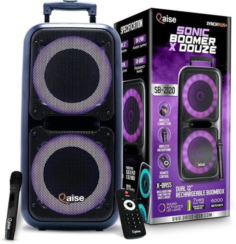 QAISE مكبر صوت بلوتوث محمول وآلة كاريوكي - نظام PA محمول مع ميكروفون لاسلكي، مضخم صوت احترافي مزدوج 10 بوصات مع أضواء، وقت تشغيل 7 ساعات، طاقة ذروة 5000 واط - SonicBoomer X-BASS in Kuwait