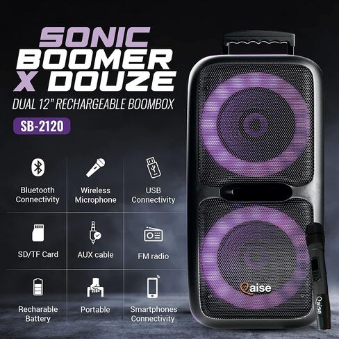QAISE مكبر صوت بلوتوث محمول وآلة كاريوكي - نظام PA محمول مع ميكروفون لاسلكي، مضخم صوت احترافي مزدوج 10 بوصات مع أضواء، وقت تشغيل 7 ساعات، طاقة ذروة 5000 واط - SonicBoomer X-BASS in Kuwait