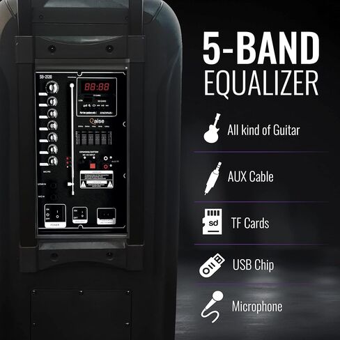 QAISE مكبر صوت بلوتوث محمول وآلة كاريوكي - نظام PA محمول مع ميكروفون لاسلكي، مضخم صوت احترافي مزدوج 10 بوصات مع أضواء، وقت تشغيل 7 ساعات، طاقة ذروة 5000 واط - SonicBoomer X-BASS in Kuwait