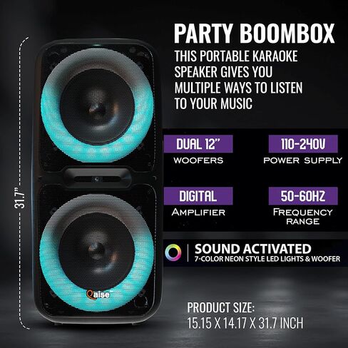 QAISE مكبر صوت بلوتوث محمول وآلة كاريوكي - نظام PA محمول مع ميكروفون لاسلكي، مضخم صوت احترافي مزدوج 10 بوصات مع أضواء، وقت تشغيل 7 ساعات، طاقة ذروة 5000 واط - SonicBoomer X-BASS in Kuwait