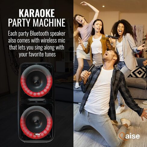 QAISE مكبر صوت بلوتوث محمول وآلة كاريوكي - نظام PA محمول مع ميكروفون لاسلكي، مضخم صوت احترافي مزدوج 10 بوصات مع أضواء، وقت تشغيل 7 ساعات، طاقة ذروة 5000 واط - SonicBoomer X-BASS in Kuwait