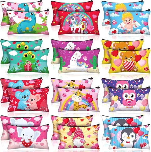 Tenceur 24 Pcs Valentine's Day Cute Cartoon Pencil Pouch Zipper Pencil Case Canvas Pen Bag Bulk Pencil Pouch Organizer Stationary Cosmetic Office Supplies in Kuwait