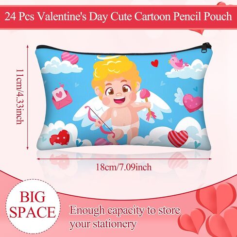 Tenceur 24 Pcs Valentine's Day Cute Cartoon Pencil Pouch Zipper Pencil Case Canvas Pen Bag Bulk Pencil Pouch Organizer Stationary Cosmetic Office Supplies in Kuwait