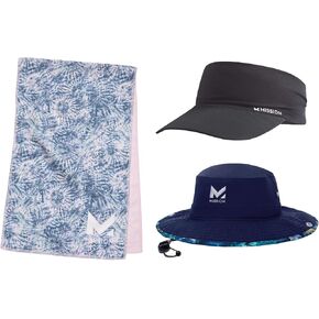 MISSION Cooling Visor (Black) + Cooling Bucket Hat (Blended Spring) + Original Cooling Towel (Twist & Shout Honeydew)