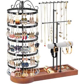 KALYLOC Jewelry Earring Holder Organizer, Adjustable 5 Tiers Rotating Earring Holder 3 Tier Necklace Holder with Wooden Base, Multi-Functional Jewelry Organizer Display Stand for Studs Bracelet Women