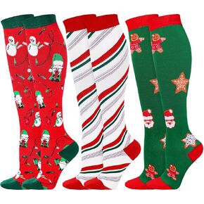 Cindeer 3 Pairs of Christmas Knee High Socks Novelty Candy Cane Striped Socks Holiday Socks for Women Men