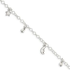 Solid 925 Sterling Silver Polished Sun, Moon and Stars 1In Ext. Anklet in Kuwait
