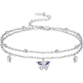 Palpitate Butterfly Anklet for Women Purple Butterfly Anklets 925 Sterling Silver Butterfly Ankle Bracelets Adjustable Layered Foot Chain for Women