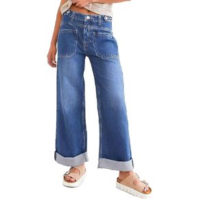 Flamingals Wide Leg Jeans for Women Mid Rise Buttoned Waist Roll Hem Baggy Jeans