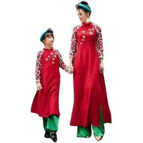 Mom and Daughter Red Embroidery Ao Dai Set (No Headband)| Pre-made Vietnamese Ao Dai | Lunar New Year |