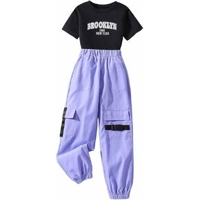 SweatyRocks Girl's 2 Piece Outfits Letter Graphic Short Sleeve T Shirt and Cargo Pants Set