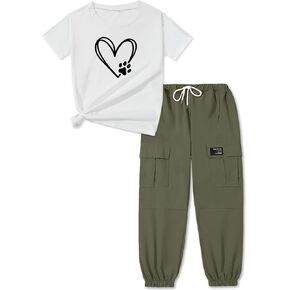 ARTMINE Girls' 2 Piece Outfits Casual Drawstring Jogger Pants and Basic Short Sleeve Top Set, 6-14 Years