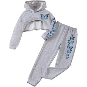 Floerns Girl's 3 Piece Outfit Butterfly Print Long Sleeve Hooded Pullovers Camisole Sweatpants Set