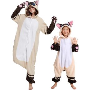 DELEY Unisex Kid Siamese Cat Onesie, One Piece Aniamal Pajamas, Halloween Cosplay Costume Homewear Jumpsuit