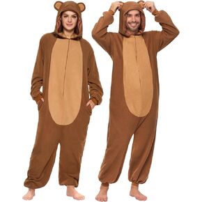 Spooktacular Creations Adults Unisex Pajama, Simple Bear Hooded Jumpsuit Costume with Hat, Brown Bear Zip-Up Hooded Sleepwear for Halloween Cosplay Costume,L in Kuwait