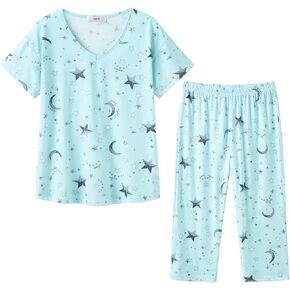 Women's Cotton Sleepwear Tops with Capri Pants Casual and Fun Prints Pajama Set
