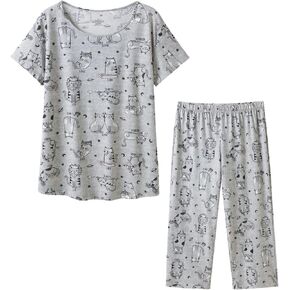 Women's Cotton Sleepwear Tops with Capri Pants Casual and Fun Prints Pajama Set in Kuwait