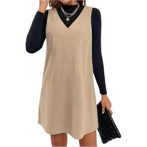 COZYEASE Women's V Neck Corduroy Pinafore Overall Sleeveless Corduroy Flared Hem Corduroy Dress Without Sweater