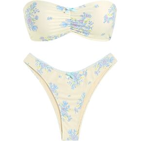 ZAFUL Women's Strapless Bikini Tiny Floral Print Ruched Bow Lace up Thong Bandeau Bikini Swimsuit Bathing Suits (2-Beige, L)