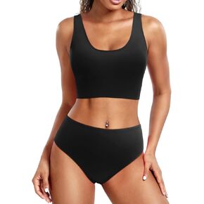 Holipick Women Two Piece Sports Swimsuit Crop Top Bathing Suit with Bottom High Waisted Bikini for Teen Girls
