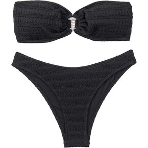 SHENHE Women's 2 Piece Strapless Ring Linked High Cut Bandeau Swimsuit Bathing Suit Bikini Sets