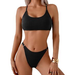 Fanuerg Women's Ribbed Bikini Set Scoop Neck Two Piece Swimsuits Cheeky Criss Cross Tie Back Bathing Suit