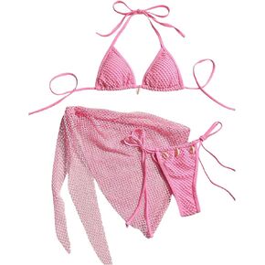 Women's 3 Piece Bikini Sets Halter Tie String Fishnet High Cut Swimsuit with Sheer Cover Up Skirts