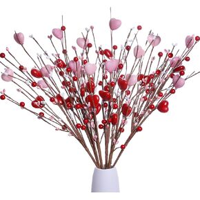6 Pack Valentines Day Picks 17 Inch Valentines Floral Picks Valentine Berry Stems Heart Berry Stems with Pink Red Heart Berries for Valentine’s Day Gifts Vase Table Decor