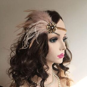 Asooll Vintage 1920s الوردي ريشة عقال الذهب كريستال الزعنفة خوذة حفلة موسيقية إكسسوارات الشعر للنساء والفتيات