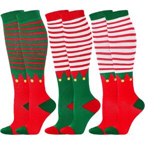 Cindeer 3 Pairs of Christmas Knee High Socks Elf Shoes Socks Novelty Holiday Socks for Women Men