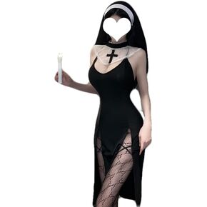 JasmyGirls Nun Costume Sexy Cosplay Lingerie Halloween Anime Maid Outfit Goth Devil Roleplay Naughty Succubus High Slit Dress Up