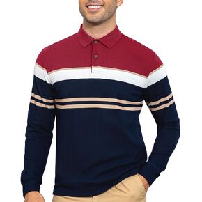Long Sleeve Stripe Polo Shirts for Men Slim Fit Golf Collared Work Casual Dress Shirts