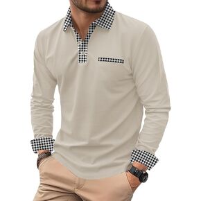 Mens Color Block Golf Polo Shirts Long Sleeve Striped Casual Shirt (S-XXL)