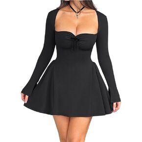 Square Neckline Long Sleeve Mini Dress for Women Corset Ruffle Hem Dress A Line Dress Flare Dress Graduation Dress