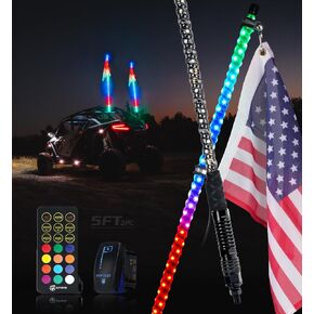 Xprite 2PC 5FT Spiral RGB LED Whip Light with Spring Base, App & Remote Control Stop Turn Reverse Brake Lights Chasing Antenna Lighted Whips, Compatible with SXS ATV UTV Polaris RZR Can-am Jeep