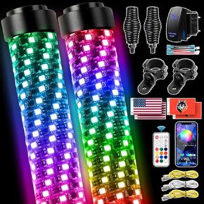 AUDEXEN Upgraded Fat 2FT RGB LED Whip Lights with [Rocker Switch] [Mounting Bracket] [Spring Base] [App and Remote Controller] for Jeep ATV UTV Off-Road RZR Polaris Truck Car 4X4 Sand Buggy Dune