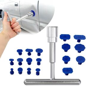 19 PCS Car T-Puller Handle Lifter + 18 Suction Cups of Different Specifications Non-Destructive Paint Dent Vanishing Kit, Car Repair Modification Accessories, for Most Cars (Blue & Silver)