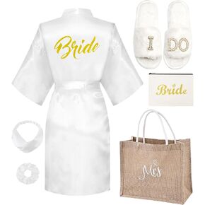 6 Pcs Bride Robe for Wedding Day Set Bridal Shower Gift with Slippers Makeup Bag Tote Bag White Satin Robe Bachelorette Party