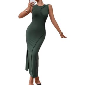 Womens Bodycon Sleeveless Dress Solid High Slit Sequins Maxi Party Dress