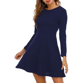 Jusfitsu Womens Long Sleeve Dress Casual Simple Dresses A-Line Knee Length Skirt Slim Fit Skater Dress