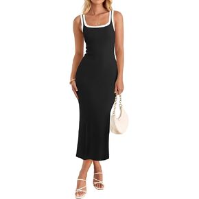 ZESICA Women's Summer Bodycon Midi Dress Casual Sleeveless Square Neck Side Slit Knit Vacation Long Dresses