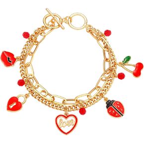 NLCAC Valentine's Day Bracelets for Women Teen Girls Layered Paperclip Chain Bracelet Love Heart Charm Toggle Bracelet Jewelry Gifts