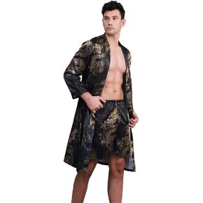 Men's Satin Robes with Shorts Lightweight Sleepwear Long Sleeve Kimono Print Bathrobe