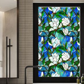 Magnolia Stained Glass Window Film,Static Cling Window Privacy Film Decorative UV Sun Blocking Non-Adhesive Glass Window Covering for Home Bathroom 17.7"x39.5" (BL187)