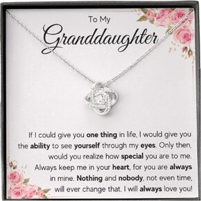 Granddaughter Necklace Gifts From Grandma Grandmother or Grandpa Grandfather To My Granddaughter Graduation Birthday Pendant Jewelry with Message Card and Gift Box (LED Box, Rain Alluring) (Standard Box, My Eyes Knot)