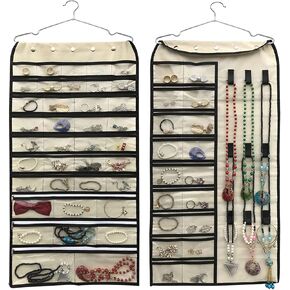 Hanging Jewelry Organizer,Double Sided 56 Pockets&9 Hooks Accessories Organizer for Holding Jewelry