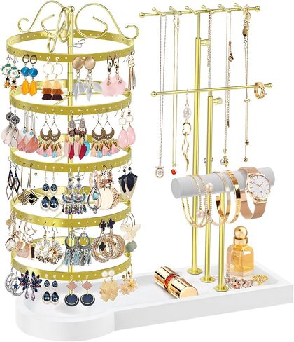 KALYLOC Jewelry Earring Holder Organizer, Adjustable 5 Tiers Rotating Earring Holder 3 Tier Necklace Holder with Wooden Base, Multi-Functional Jewelry Organizer Display Stand for Studs Bracelet Women in Kuwait